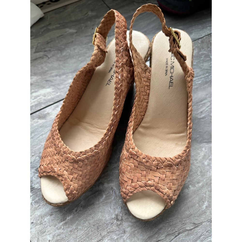 Eric Michael Woven Leather Espadrille Wedge Sandals Tan Slingback Spain Sz 8